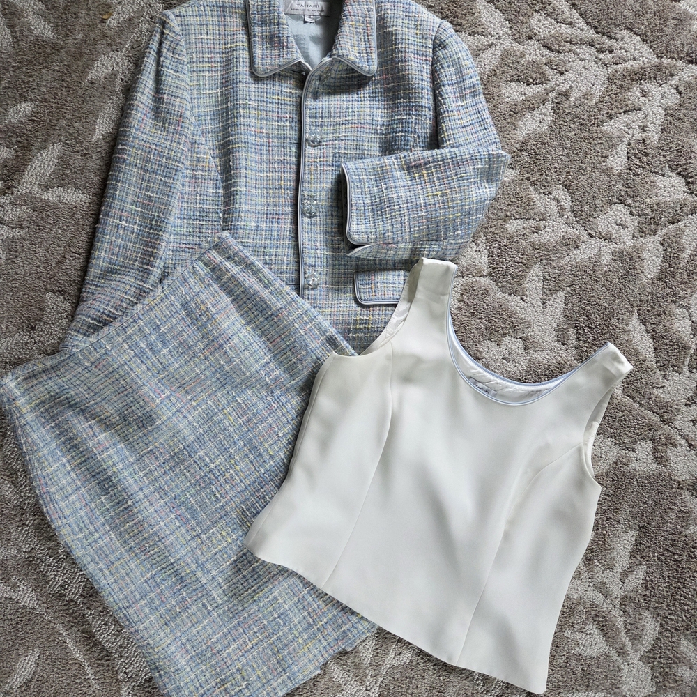 Vintage Chic Tweed Skirt Suit with Cream Top